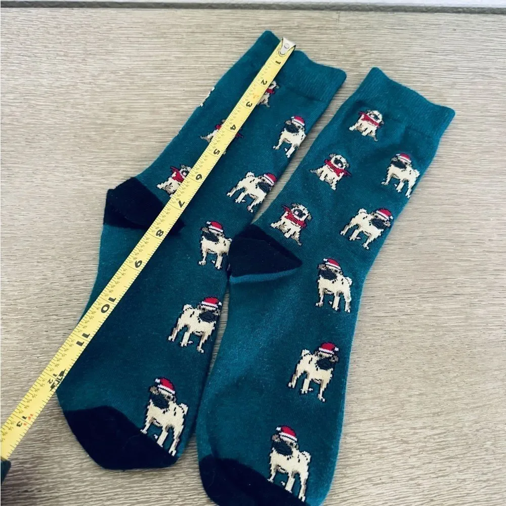 Pug Dog Teal Christmas Holiday Adult Fun Socks